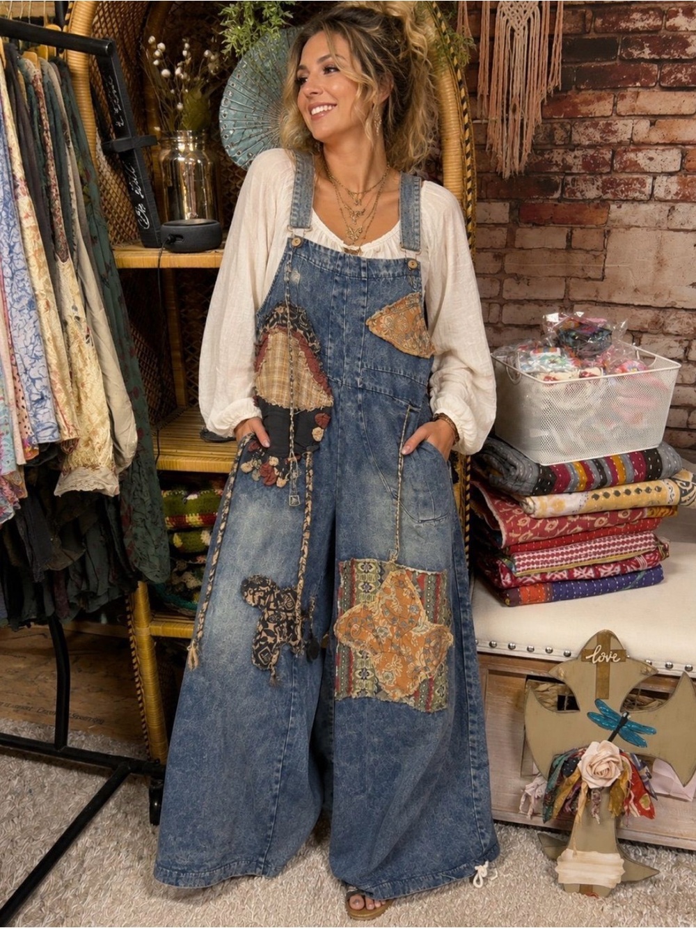 Boho Patchwork Wide-Leg Denim Overalls - Blue Velvet